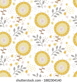 Colorful seamless repeat pattern with abstract elements. Flowers, branches, leaves. Strokes, stripes, dots. Creative cute illustration for textile, book covers, manufacturing, wallpapers, print, wrap 