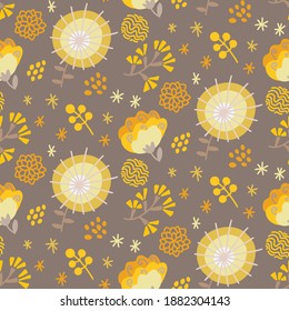 Colorful seamless repeat pattern with abstract elements. Flowers, branches, leaves. Strokes, stripes, dots. Creative cute illustration for textile, book covers, manufacturing, wallpapers, print, wrap 