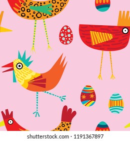 Colorful seamless repeat pattern of chickens on a pink background