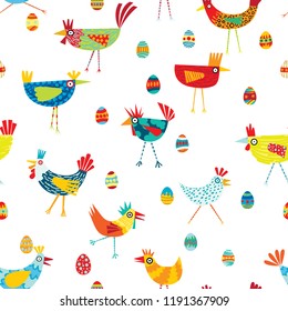 Colorful seamless repeat pattern of chickens on a white background