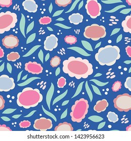 Colorful seamless repeat pattern of stylized flowers and leaves. A pretty floral and foliage vector tossed design background.