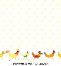 Colorful seamless repeat pattern of yellow and orange chickens with yellow polka dots on a white background