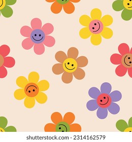 colorful seamless retro groovy floral pattern, flowers for prints, posters, wrapping paper,backgrounds, wallpaper, scrapbooking, textile, kids fashion, stationary