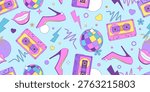 Colorful seamless retro pattern of 80s-90s with disco and music elements. Pop art disco banner.  Memphis style background. Vector illustration