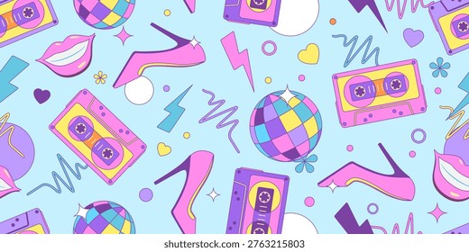 Colorful seamless retro pattern of 80s-90s with disco and music elements. Pop art disco banner.  Memphis style background. Vector illustration
