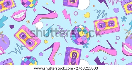 Colorful seamless retro pattern of 80s-90s with disco and music elements. Pop art disco banner.  Memphis style background. Vector illustration