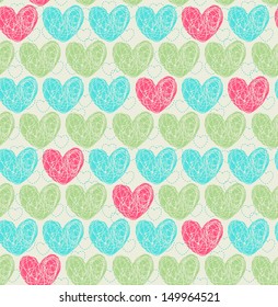 Colorful seamless romantic texture with scribble hearts. Endless decorative pattern, template for design backgrounds, wrapping paper, textile, package