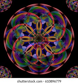 Colorful seamless round pattern in Indian floral style on a black background. Yoga, spirituality, Buddhism, peace concept. Vector illustration for your design needs