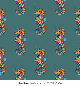 Colorful seamless sea life pattern with seahorse