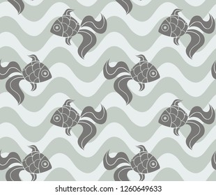 Colorful seamless sea pattern with fish. Dark gray fish on striped wavy lines