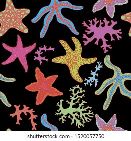 Colorful seamless sea pattern made of hand drawn starfish and corals. Vector illustration.