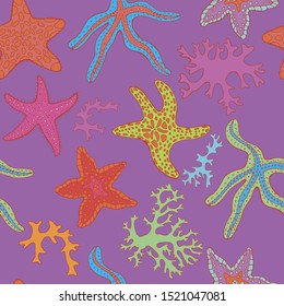 Colorful seamless sea pattern made of hand drawn starfish and corals. Vector illustration.