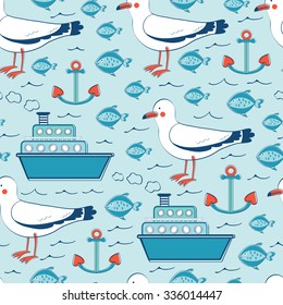 Colorful seamless sea pattern with seagulls anchors fishes and boats. Vector illustration