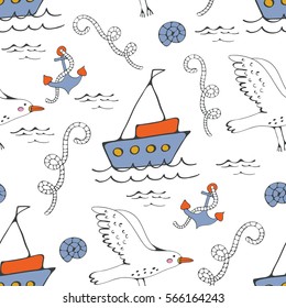 Colorful seamless sea pattern with seagulls anchors and boats