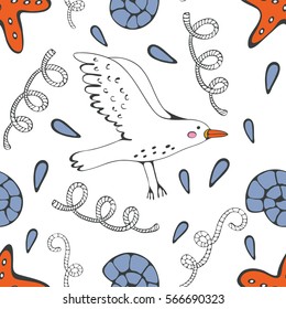 Colorful seamless sea pattern with seagulls shells and starfishes