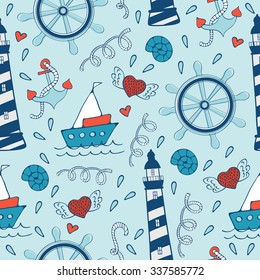 Colorful seamless sea pattern with steering wheels boats and lighthouses. Vector illustration