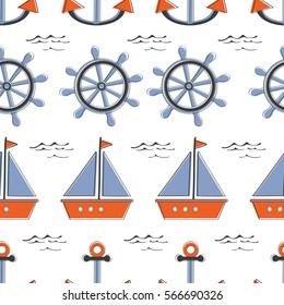 Colorful seamless sea pattern withboats stearing wheels and anchors
