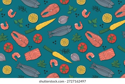 Farbenfrohe nahtlose Meeresfrüchte Muster mit Lachs Fisch Garnelen Gemüse Kräuter Zitronenscheiben auf Teal Hintergrund. für gesunde Ernährung Menü Verpackung Küche Textil Kochen Klasse Design-Projekte.