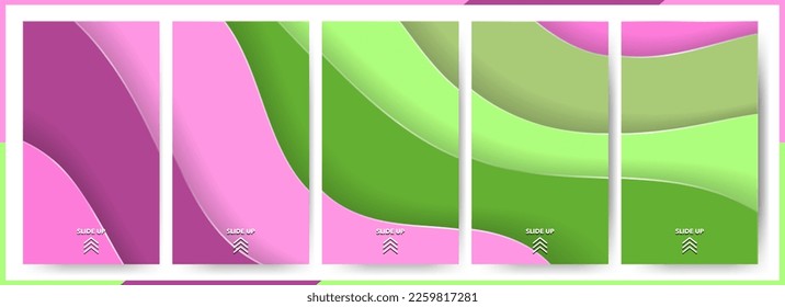 Colorful Seamless Social Media Story Background Templates with swipe up symbol. 3D Layered paper cutouts in Bold Pink, Lime, Green, Violet. Editable Vector Illustration. EPS 10