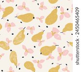 Colorful seamless square pattern with pears. Vector print with fruits. Background, design, illustration