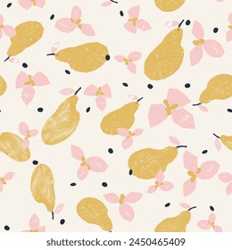 Colorful seamless square pattern with pears. Vector print with fruits. Background, design, illustration
