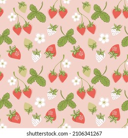 Colorful seamless strawberry pattern with strawberry leaves and flowers on pink background. Hand drawn style vector illustration.