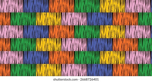 Colorful Seamless Striped Pattern with Hand Drawn Rough Brush Texture. Bright rainbow doodle background for textiles, wrapping paper, and creative projects.