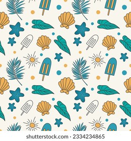 Colorful seamless summer pattern background with tropical leaves ice cream sun and star fish