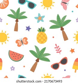 Colorful seamless summer pattern with beach elements, sunglasses, palm tree, watermelon slice, pineapple, butterfly, sun, popsicle, fruit. Fun fashion print design, vector illustration