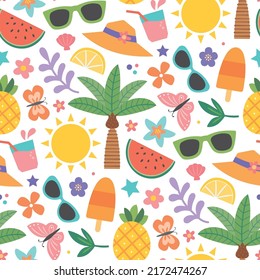 Colorful seamless summer pattern with beach elements, sunglasses, palm tree, watermelon slice, pineapple, butterfly, sun, popsicle, fruit. Fun fashion print design, vector illustration