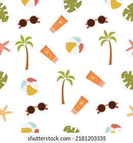 Colorful seamless summer pattern with beach elements such as sunglasses, palm, sunscreen,leaves,starfish.Vector illustration