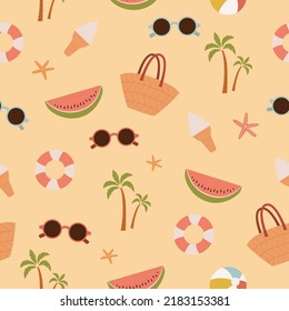 Colorful seamless summer pattern with beach elements such as sunglasses, palm tree, ice cream,watermelon,starfish.Vector illustration