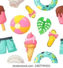 Colorful seamless summer pattern with beach stuff for summer travel. Vacation accessories for sea holidays. Fashion design, vector illustration.
