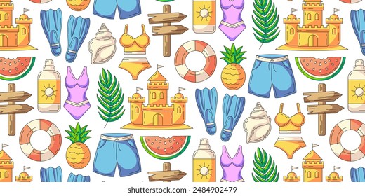 Colorful seamless summer pattern with beach elements. Swimsuit, sand castle, pineapple and watermelon, sunscreen, seashell, flippers, lifebuoy. For cover, wrapping paper, textile print