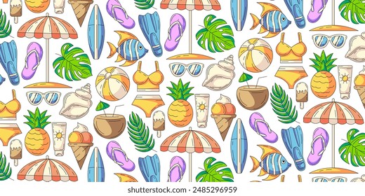 Colorful seamless summer pattern with beach elements and accessories. Swimsuit, flip flops, flippers, fish, surfboard, umbrella, coconut cocktail, pineapple. For cover, wrapping paper, textile print