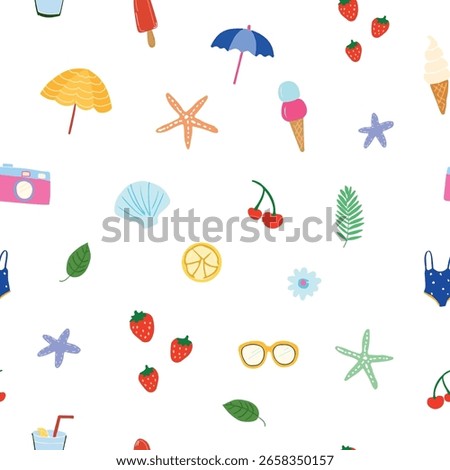 Colorful seamless summer pattern with beach umbrellas, ice cream, strawberries, shells, starfish, sunglasses, and tropical leaves. Fun vacation vector for kids fabrics, wrapping paper, and wallpapers