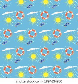 Colorful seamless summer pattern with elements such as sun, sunglasses, lifebuoy.