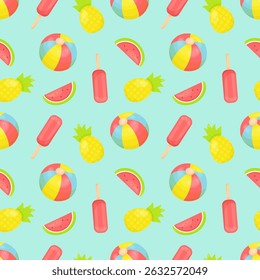 Colorful seamless summer pattern featuring hand-drawn beach balls, watermelon slices, pineapples, and popsicles on a bright aqua background.  Hand drawn style