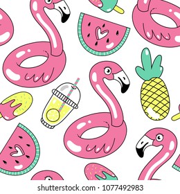 Colorful seamless summer pattern with hand drawn beach elements.