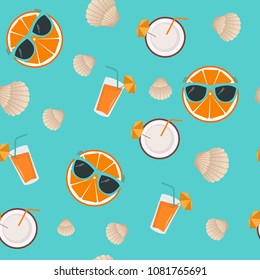 Colorful seamless summer pattern with hand drawn beach elements such as sunglasses,fruit, coconut,cocktail,shell. Fashion print design, vector illustration