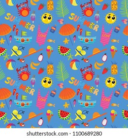 Colorful seamless summer pattern with hand drawn elements -sunglasses, palm, watermelon, bag, umbrella, ice cream and others Fashion print design, vector illustration