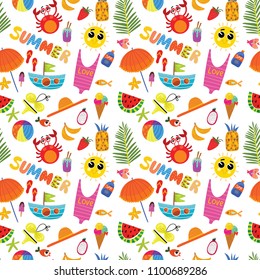 Colorful seamless summer pattern with hand drawn elements -sunglasses, palm, watermelon, bag, umbrella, ice cream and others Fashion print design, vector illustration