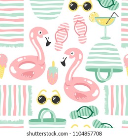 Colorful seamless summer pattern with hand drawn beach elements.