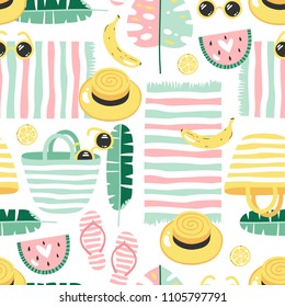 Colorful seamless summer pattern with hand drawn beach elements.