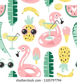 Colorful seamless summer pattern with hand drawn beach elements.