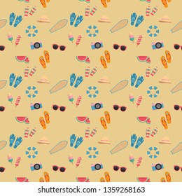 Colorful seamless summer pattern with hand drawn beach elements such as sunglasses, palm, watermelon slice, tote bag, umbrella, ice cream, waves, sand. Fashion print design, vector illustration
