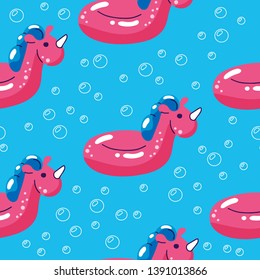 Colorful seamless summer pattern with hand drawn beach elements. Summer pool floating with unicorn. Seamless vector pattern.