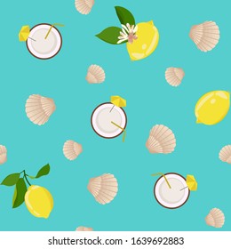 Colorful seamless summer pattern with hand drawn beach elements such as ,fruit, coconut,shell. Fashion print design, vector illustration