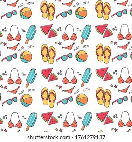 Colorful seamless summer pattern with hand drawn beach elements such as sunglasses, flip flops, bikinis, watermelons, ice cream . Fashion print design