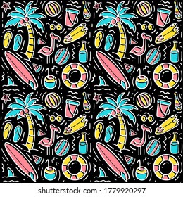 Patrón veraniego inmaculado con elementos de playa dibujados a mano como gafas de sol, palma, sandía, tabla de surf, flamingo, botella, olas, ascensor, sandalias. Diseño de impresión de moda, ilustración vectorial